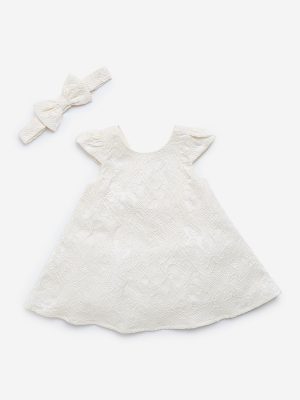 HOP Baby Off-White Textured A-Line Dress with Headband