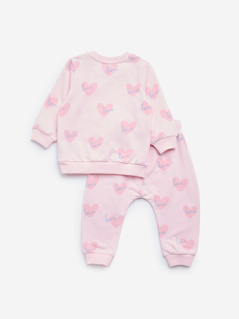 HOP Baby Pink Heart Print Cotton Sweatshirt & Joggers Set - Image 2