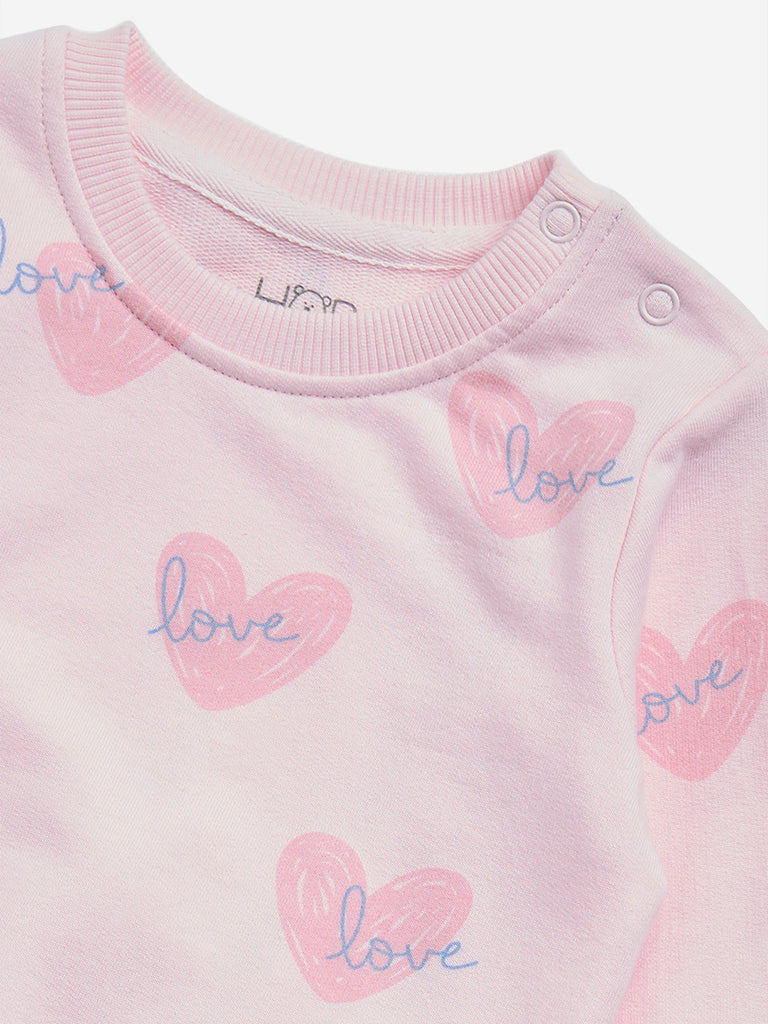 HOP Baby Pink Heart Print Cotton Sweatshirt & Joggers Set - Image 3