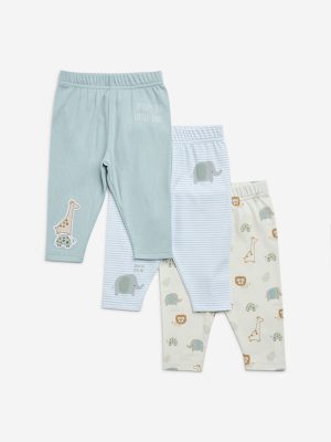 HOP Baby Mint Printed Cotton Pants - Pack of 3
