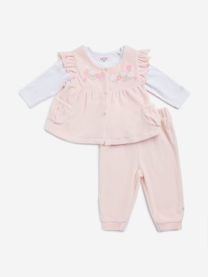 HOP Baby Pink Floral Embroidered Cotton-Blend Dress. T-Shirt and Mid-Rise Pants Set