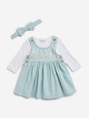 HOP Baby Mint Floral Cotton Dress. Top and Headband Set