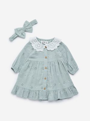 HOP Baby Sage Embroidered Cotton-Blend Dress with Headband