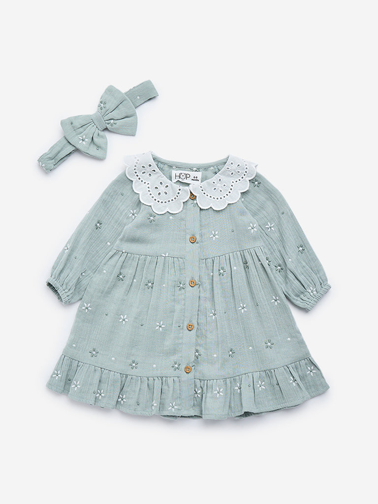 HOP Baby Sage Embroidered Cotton-Blend Dress with Headband