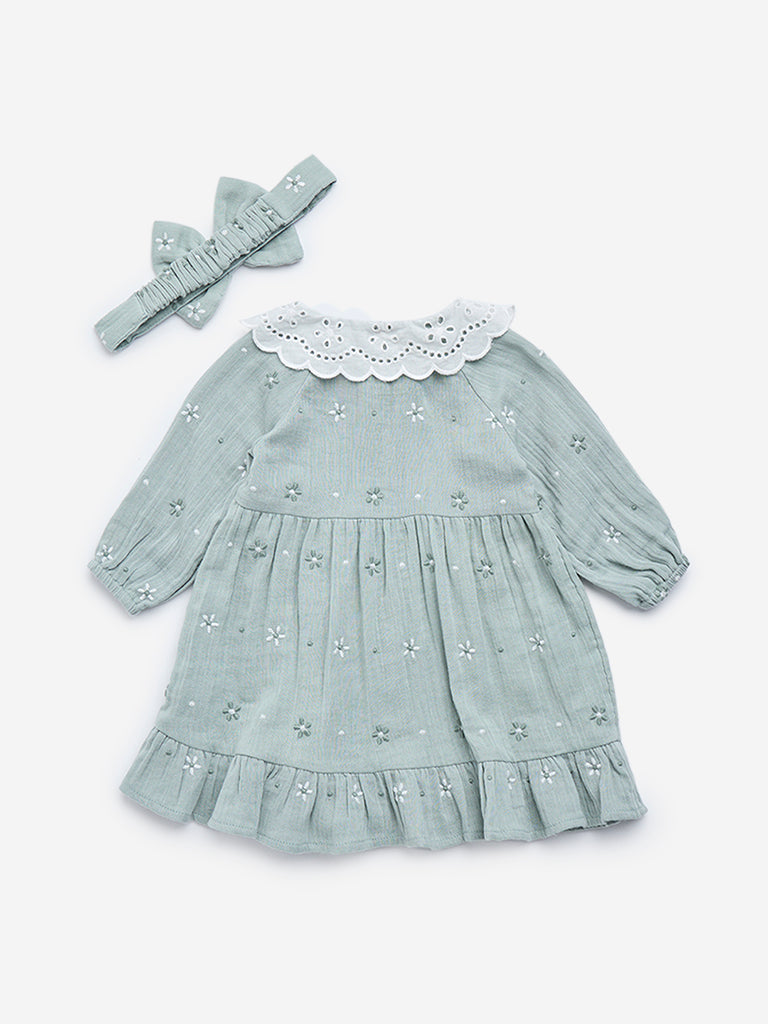 HOP Baby Sage Embroidered Cotton-Blend Dress with Headband - Image 2
