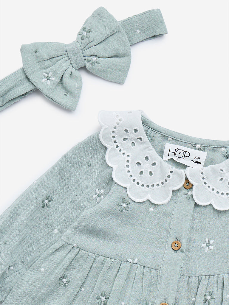 HOP Baby Sage Embroidered Cotton-Blend Dress with Headband - Image 3