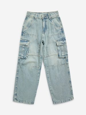 Y&F Kids Light Blue Straight-Fit High-Rise Cargo Jeans