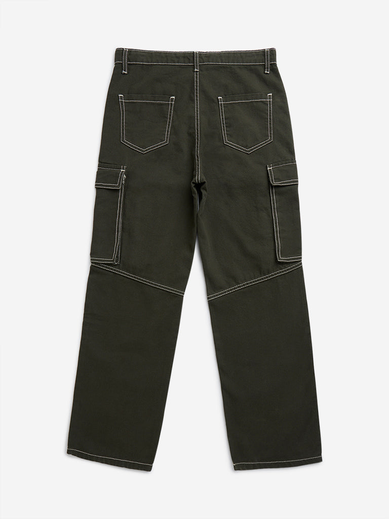 Y&F Kids Olive Cargo-Style Mid-Rise Cotton Trousers - Image 2