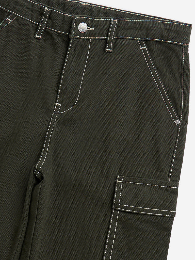 Y&F Kids Olive Cargo-Style Mid-Rise Cotton Trousers - Image 3