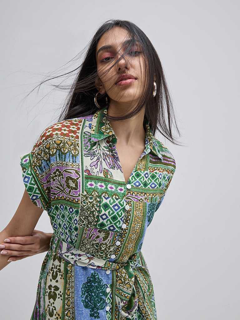 LOV Multicolour Geometrical Cotton Shirt Dress with Belt - Image 2