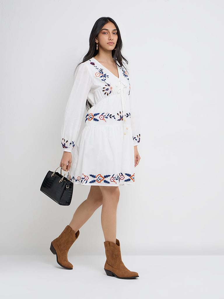 LOV White Embroidered Cotton A-Line Dress - Image 3