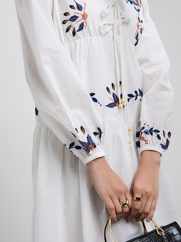 LOV White Embroidered Cotton A-Line Dress - Image 2