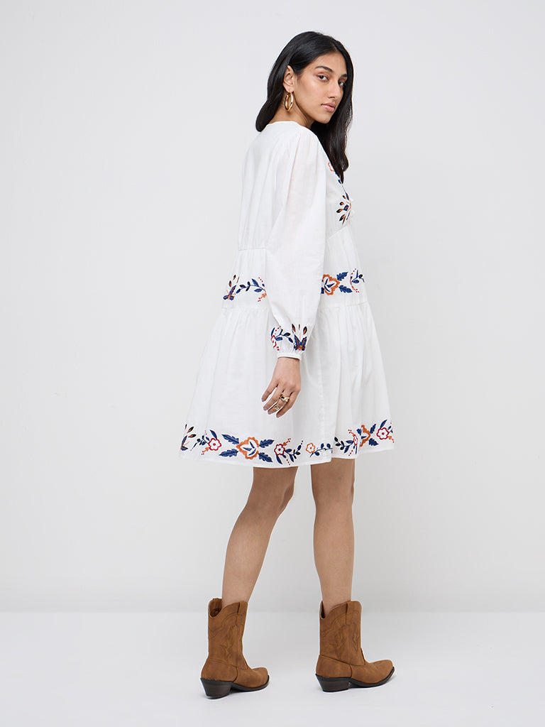 LOV White Embroidered Cotton A-Line Dress - Image 4