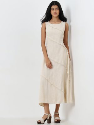 LOV Beige Sleeveless Linen-Blend A-Line Midi Dress