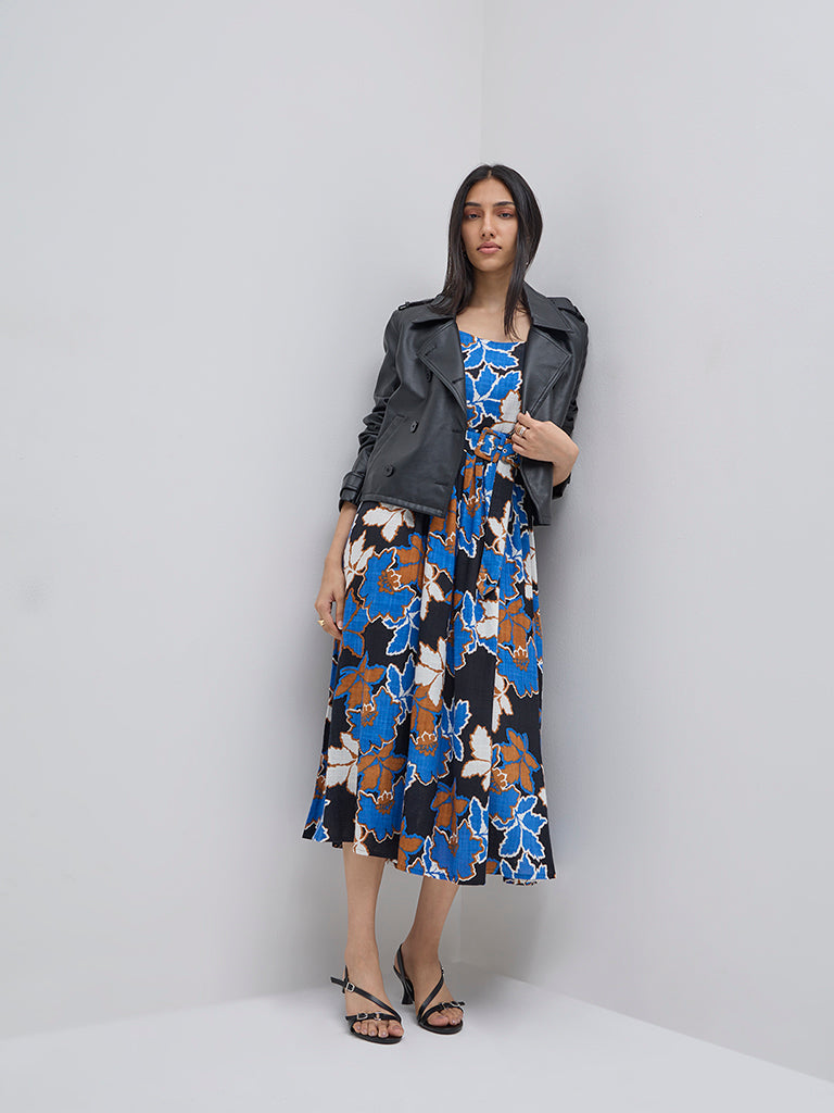 LOV Multicolour Floral Print Cotton A-Line Dress with Belt - Image 3