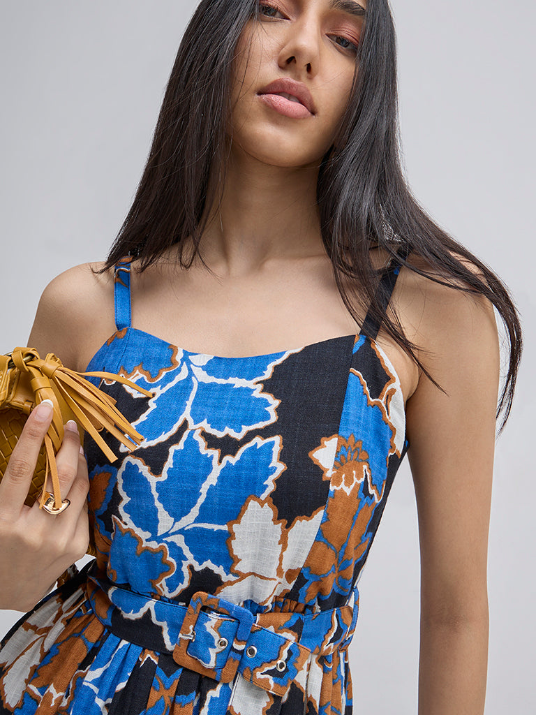 LOV Multicolour Floral Print Cotton A-Line Dress with Belt - Image 2