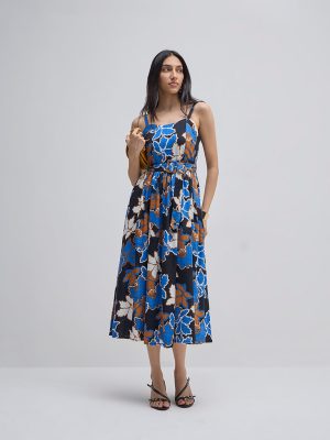 LOV Multicolour Floral Print Cotton A-Line Dress with Belt
