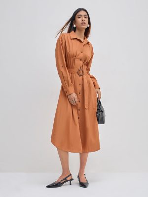 LOV Orange Cotton A-Line Dress with Belt
