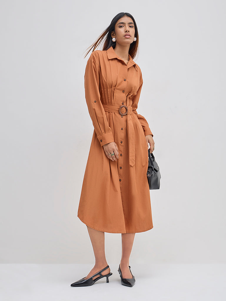 LOV Orange Cotton A-Line Dress with Belt