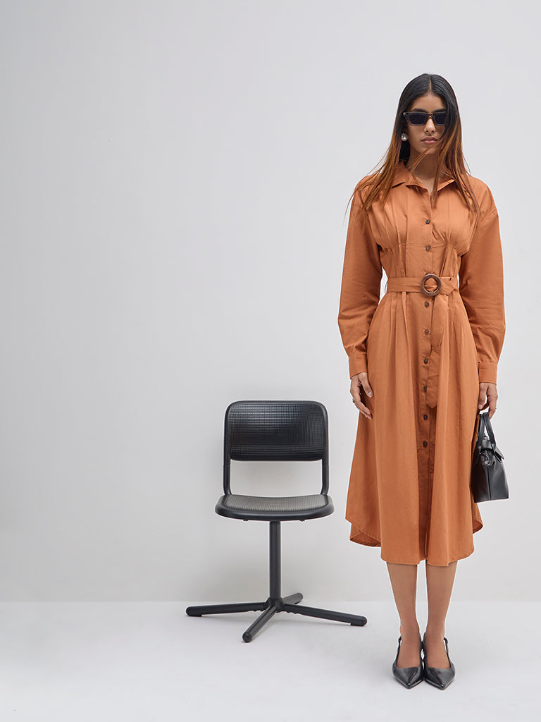 LOV Orange Cotton A-Line Dress with Belt - Image 3