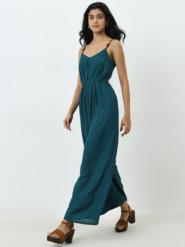 LOV Teal Solid Linen-Blend Jumpsuit
