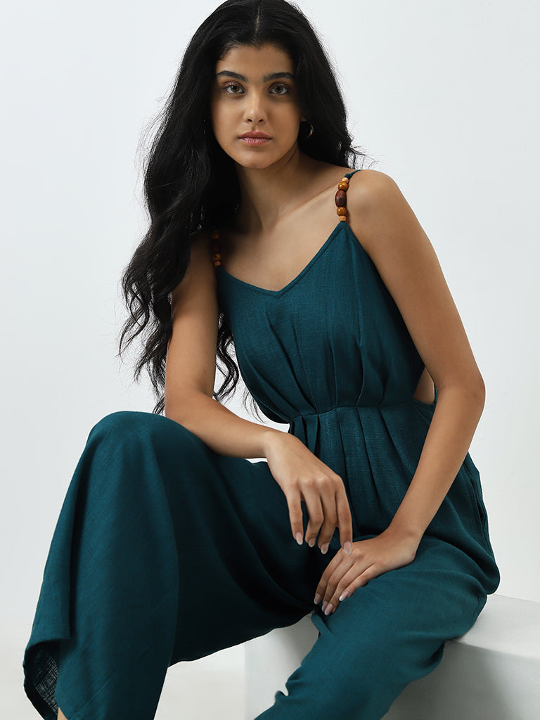 LOV Teal Solid Linen-Blend Jumpsuit - Image 3
