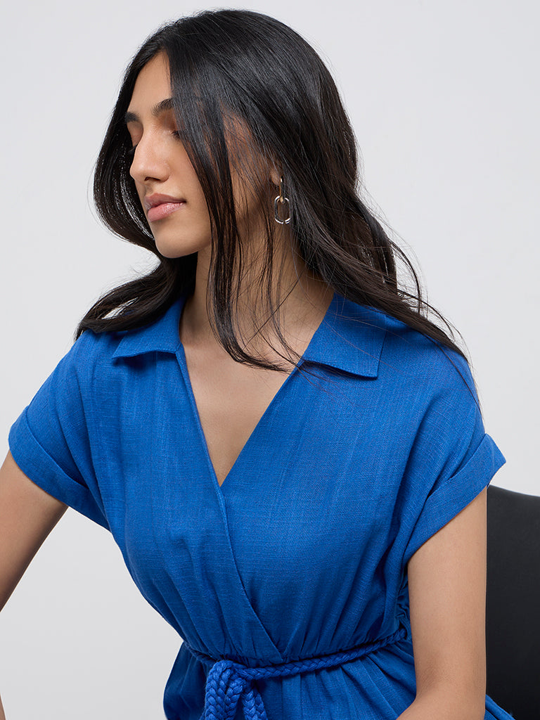 LOV Blue Solid Linen-Blend Jumpsuit with Belt - Image 2