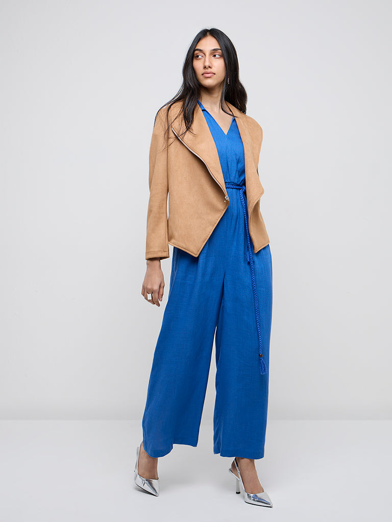 LOV Blue Solid Linen-Blend Jumpsuit with Belt - Image 3