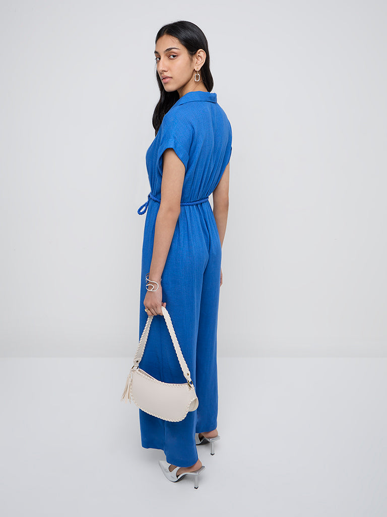LOV Blue Solid Linen-Blend Jumpsuit with Belt - Image 4