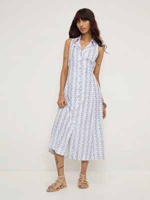 Bombay Paisley Blue Printed Cotton-Blend A-Line Dress