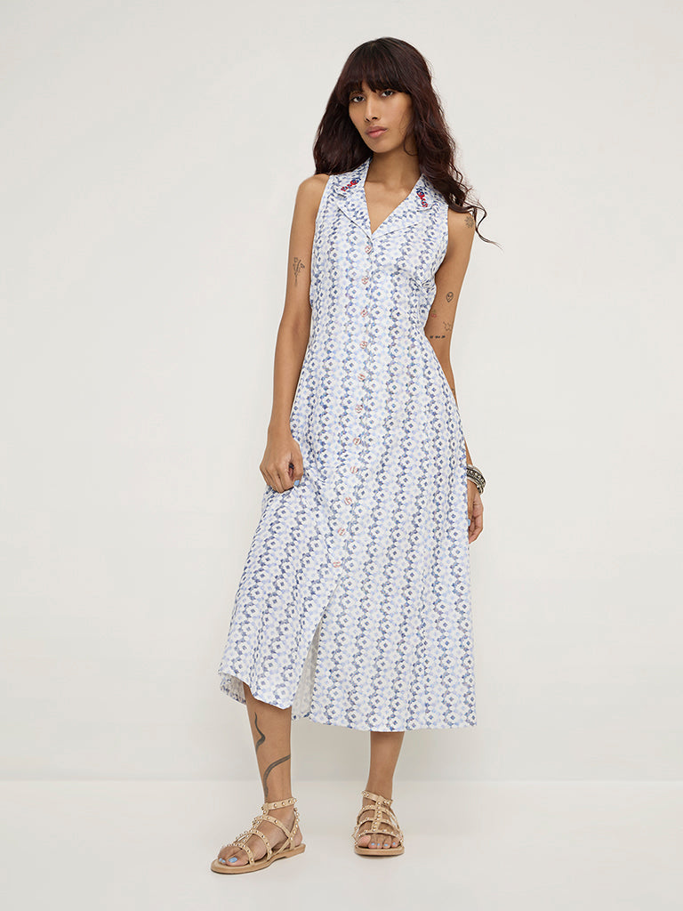 Bombay Paisley Blue Printed Cotton-Blend A-Line Dress