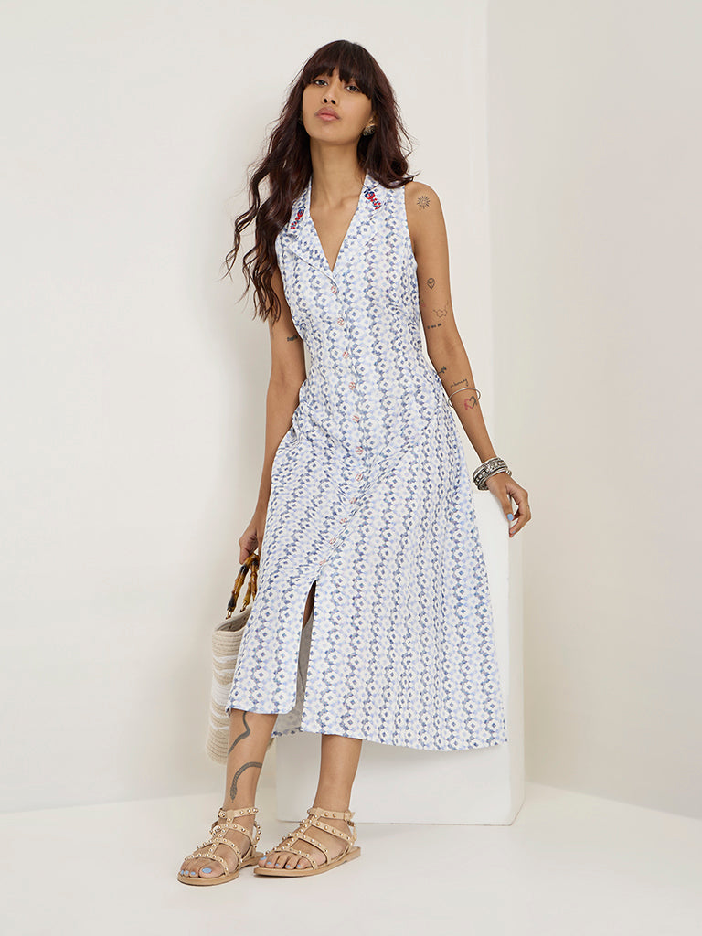Bombay Paisley Blue Printed Cotton-Blend A-Line Dress - Image 3