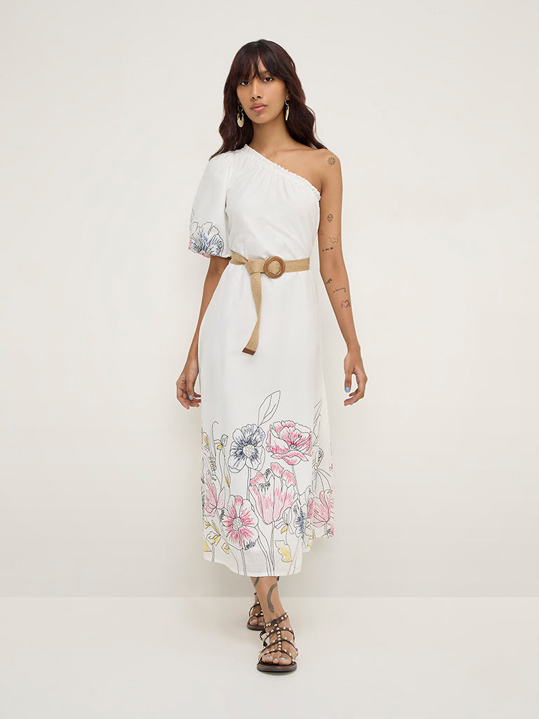 Bombay Paisley White Floral Print One-Shoulder Cotton Dress - Image 3
