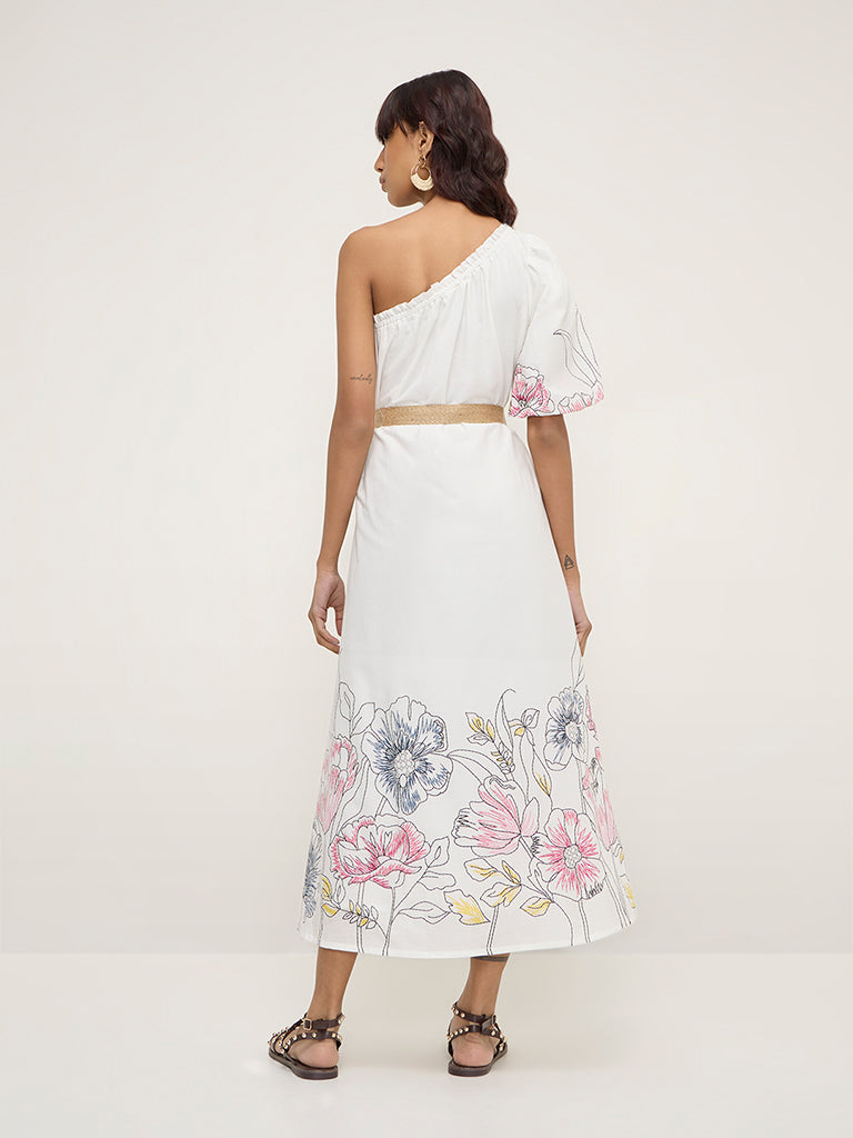 Bombay Paisley White Floral Print One-Shoulder Cotton Dress - Image 4