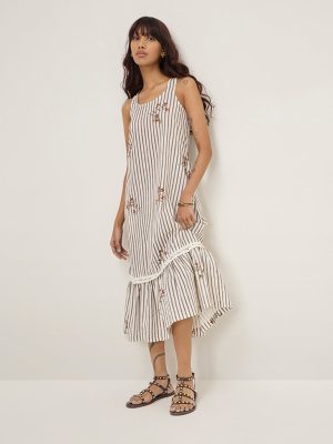 Bombay Paisley Off-White Striped Drop Waist Cotton-Blend Dress