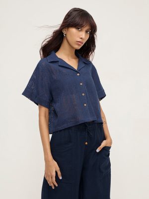 Bombay Paisley Navy Knit-Textured Cotton-Blend Shirt