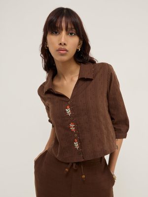 Bombay Paisley Brown Floral Embroidered Cotton Shirt