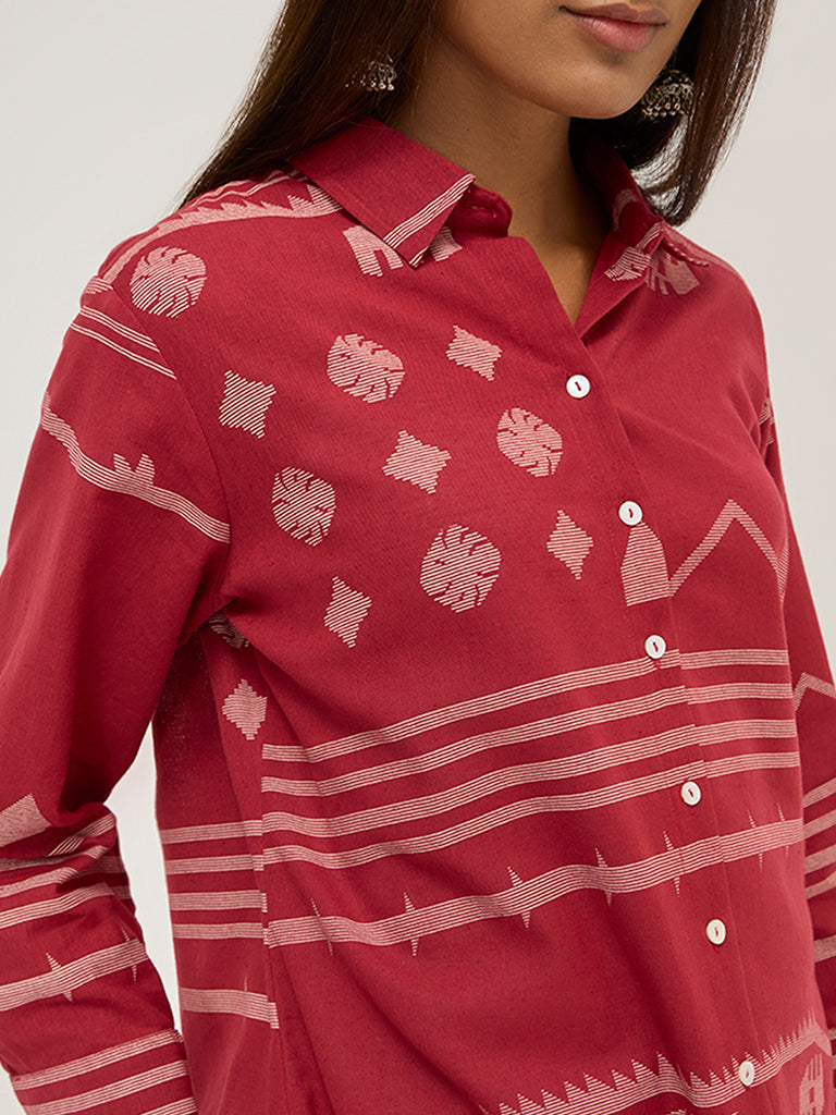 Utsa Red Ikat Printed Ethnic Cotton-Blend Tunic - Image 3