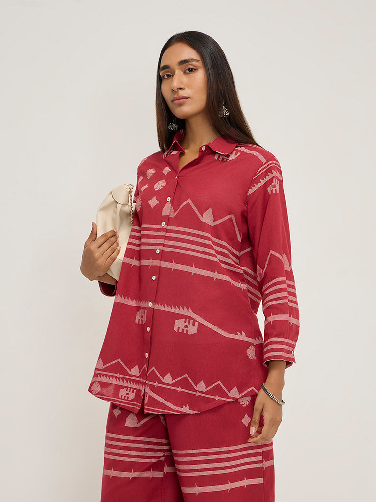 Utsa Red Ikat Printed Ethnic Cotton-Blend Tunic - Image 4