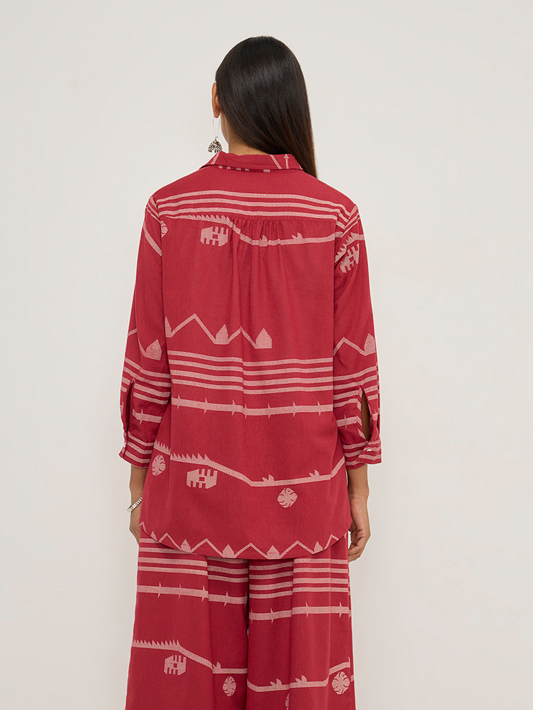 Utsa Red Ikat Printed Ethnic Cotton-Blend Tunic - Image 5