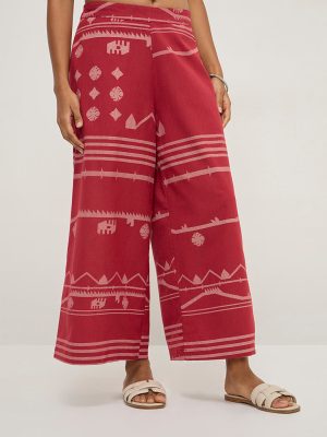 Utsa Red Ikat Design Cotton-Blend Palazzos