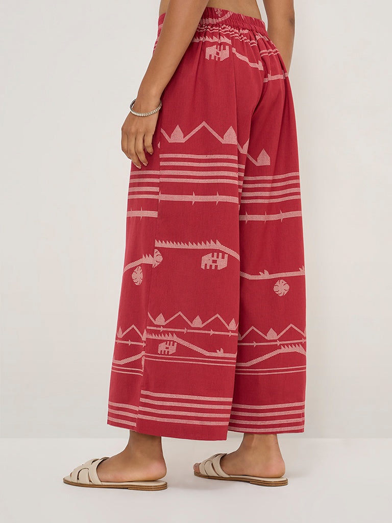 Utsa Red Ikat Design Cotton-Blend Palazzos - Image 3