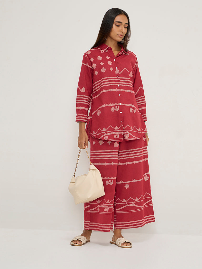 Utsa Red Ikat Design Cotton-Blend Palazzos - Image 4