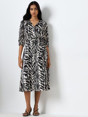 Wardrobe Black Animal Design A-Line Dress with Belt