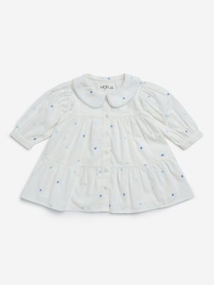 HOP Baby White Heart Printed Cotton Tiered Dress