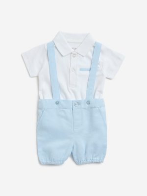 HOP Baby Light Blue Cotton Dungaree with T-Shirt Set