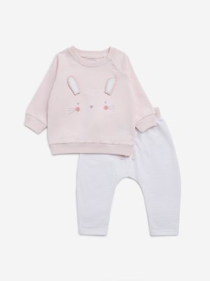 HOP Baby Pink Bunny Embroidered Cotton Sweatshirt and Pants Set