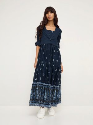 Bombay Paisley Dark Blue Floral Cotton-Blend Tiered Dress with Jacket