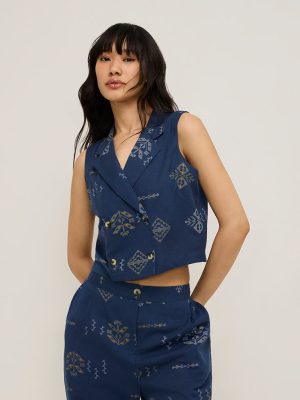 Bombay Paisley Navy Waistcoat-Style Cotton-Blend Top