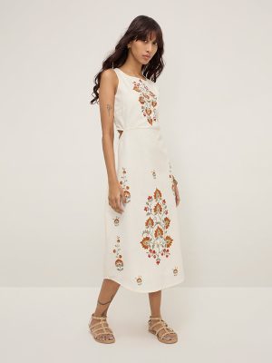 Bombay Paisley Off-White Floral Printed A-Line Cotton-Blend Dress